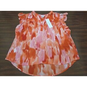Calvin Klein Women L Pink Orange Abstract Print Dressy Sleeveless Blouse NWT